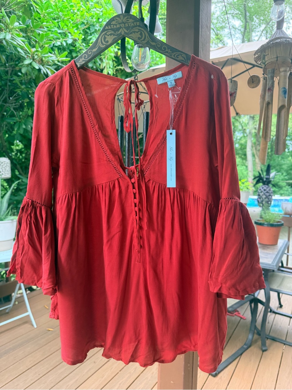 Boho burnt orange Peasant Blouse with Tie Neck